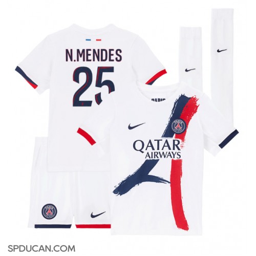 Dječji Nogometni Dres Paris Saint-Germain Nuno Mendes #25 Gostujuci 2024-25 Kratak Rukav (+ Kratke hlače)